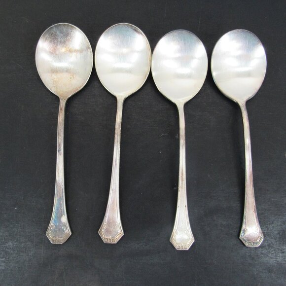 Reed & Barton Pompeian Greek Key & Scrollwork Design Soup Spoons Set of 4 Vntg - Picture 1 of 12